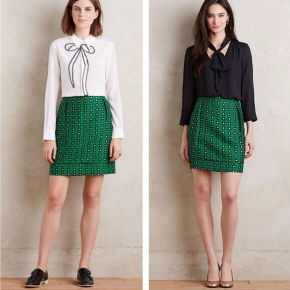 Anthropologie HD Paris Green Floral Mini Skirt Size 4‎ Retro Twee Career - Picture 14 of 14